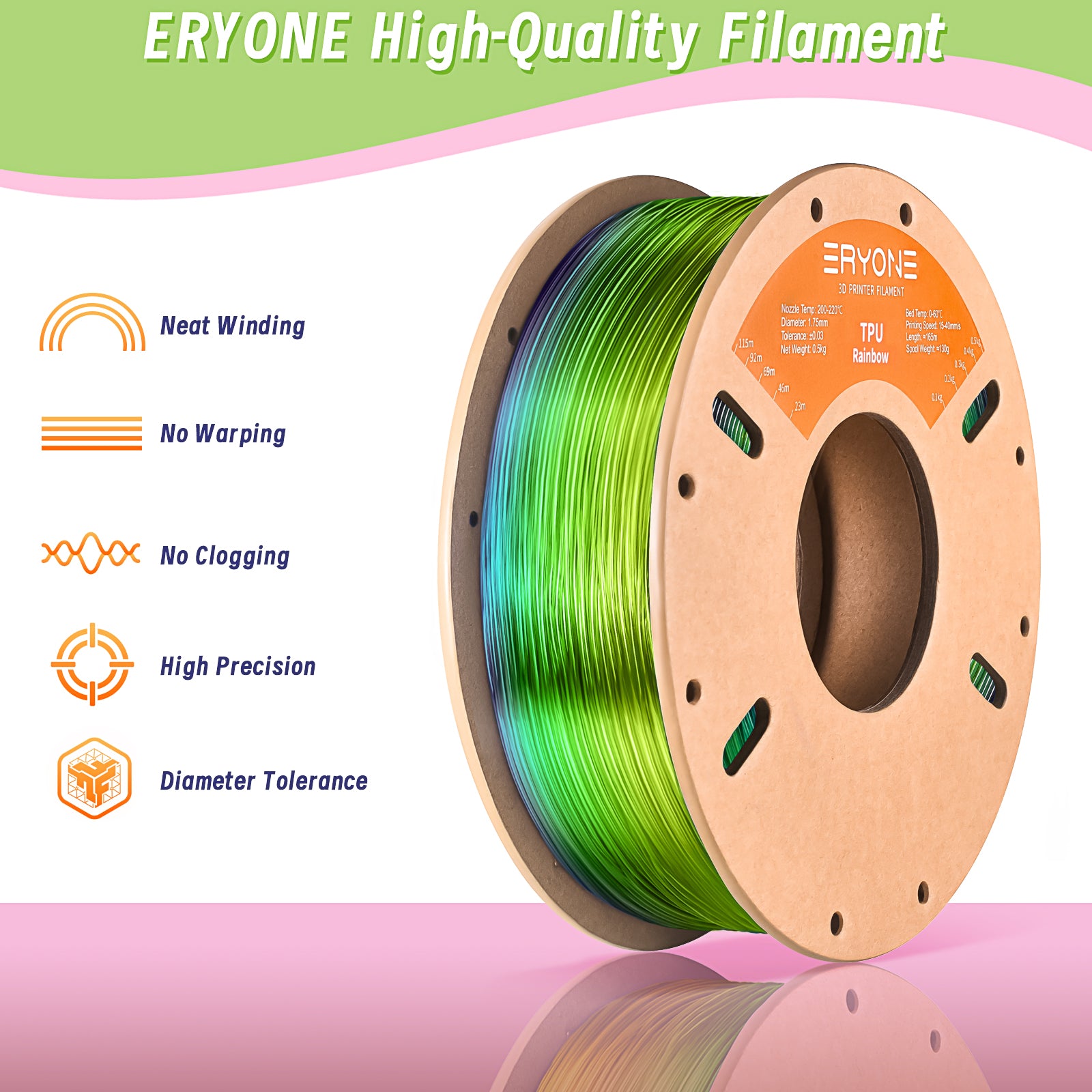 Filament pour imprimante 3D ERYONE 1.75mm Rainbow TPU, précision dimensionnelle +/- 0.05 mm, 0.5kg (1.1 LB) / Bobine