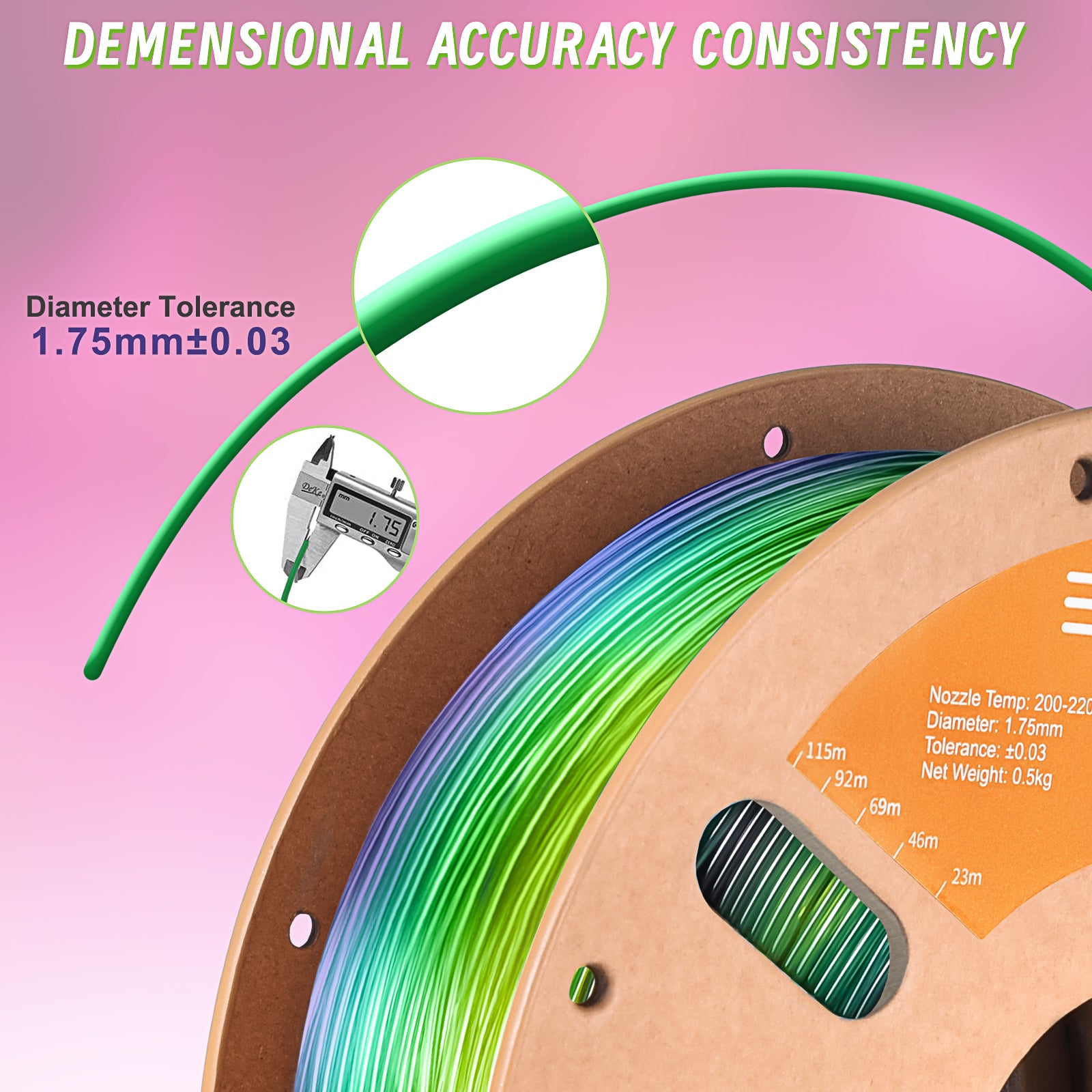 Filament pour imprimante 3D ERYONE 1.75mm Rainbow TPU, précision dimensionnelle +/- 0.05 mm, 0.5kg (1.1 LB) / Bobine