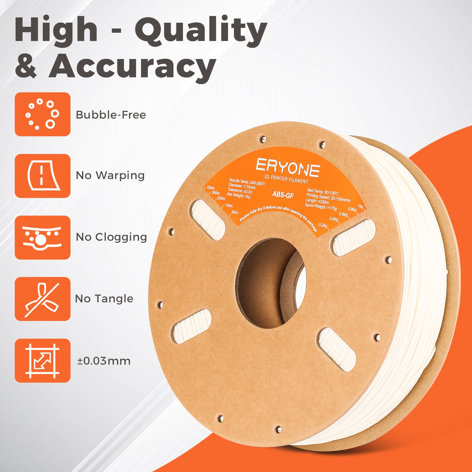 ERYONE ABS Fiberglass 3D Printer Filament 1.75mm, Dimensional Accuracy +/- 0.05 mm 1kg (2.2LBS)/Spool