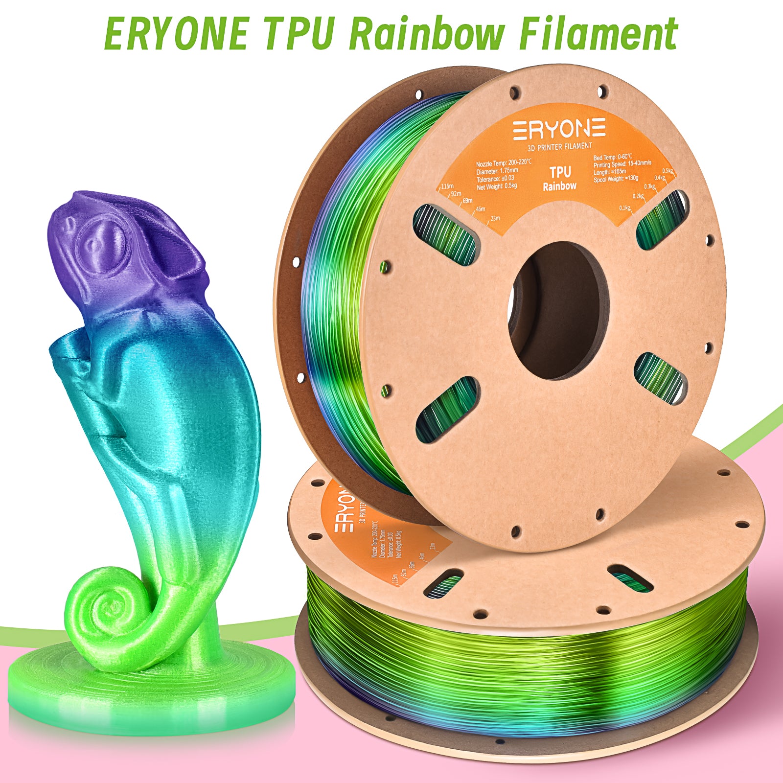 Filament pour imprimante 3D ERYONE 1.75mm Rainbow TPU, précision dimensionnelle +/- 0.05 mm, 0.5kg (1.1 LB) / Bobine