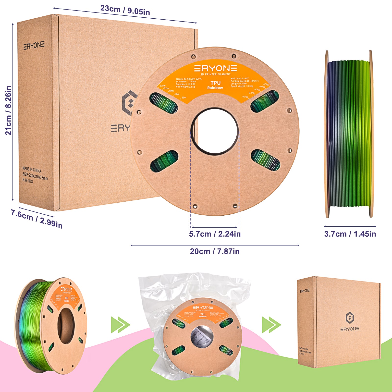 Filament pour imprimante 3D ERYONE 1.75mm Rainbow TPU, précision dimensionnelle +/- 0.05 mm, 0.5kg (1.1 LB) / Bobine