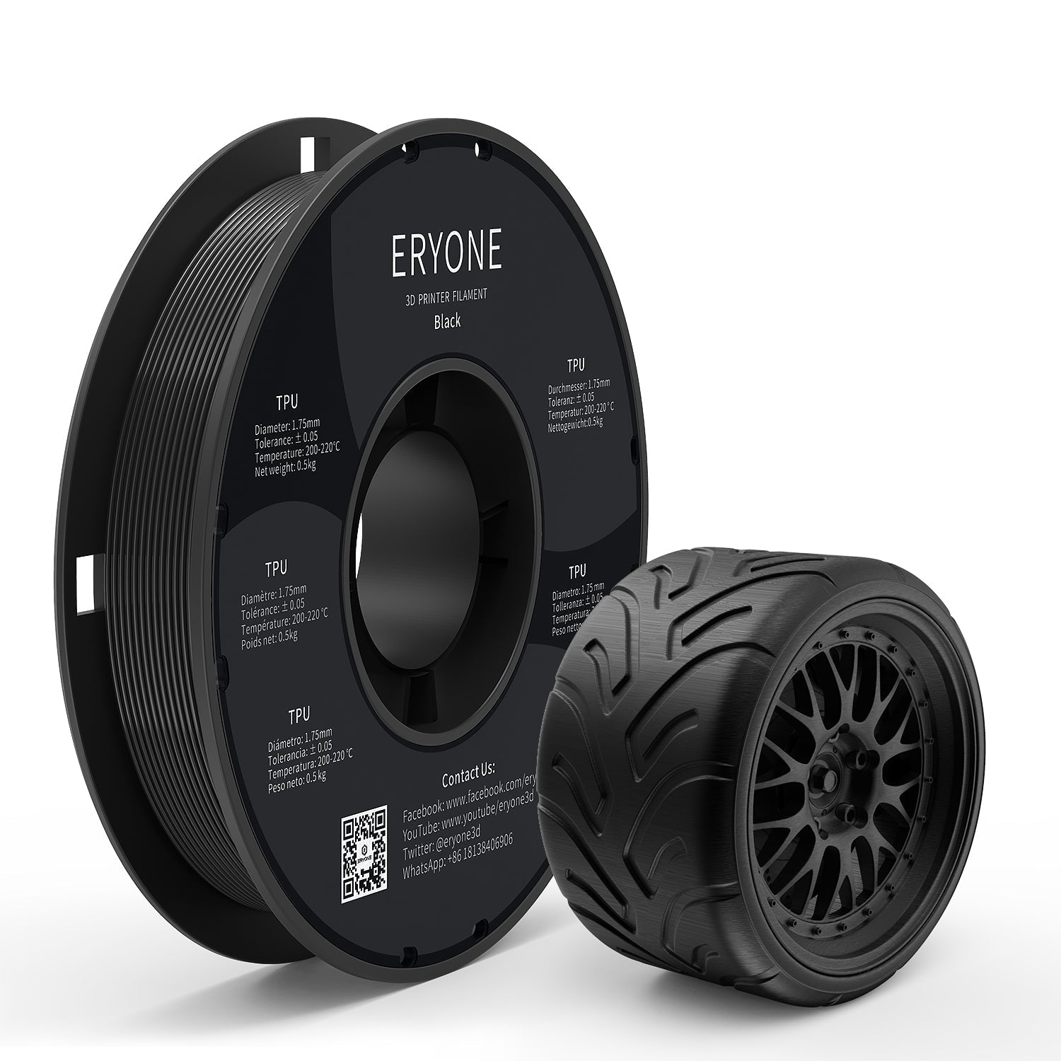 Filament pour imprimante 3D ERYONE 1.75mm TPU, précision dimensionnelle +/- 0.05 mm, 0.5kg (1.1 LB) / Bobine