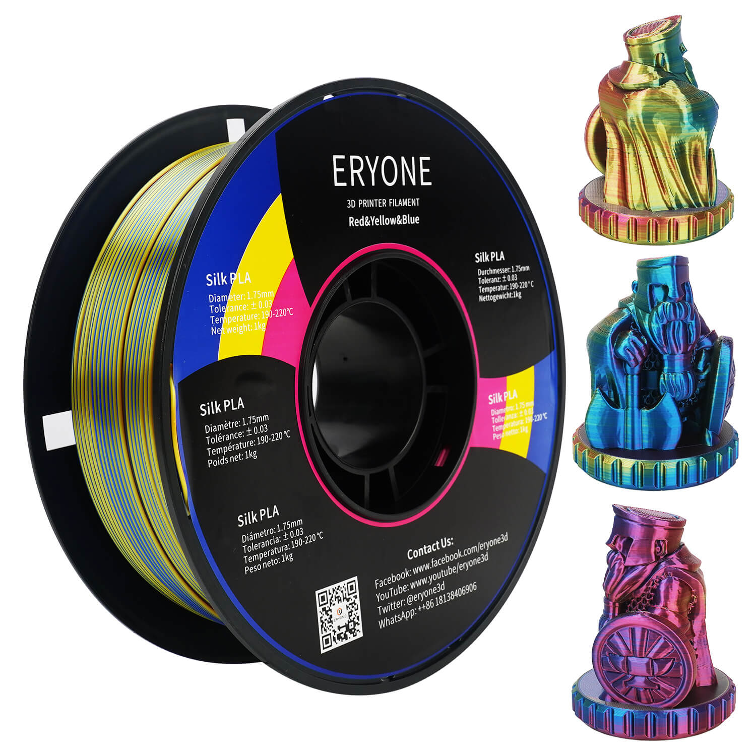 ERYONE Triple-Color Silk PLA Filament for 3D Printers,1kg (2.2LBS)/Spool 1.75mm,Accuracy +/- 0.03 mm