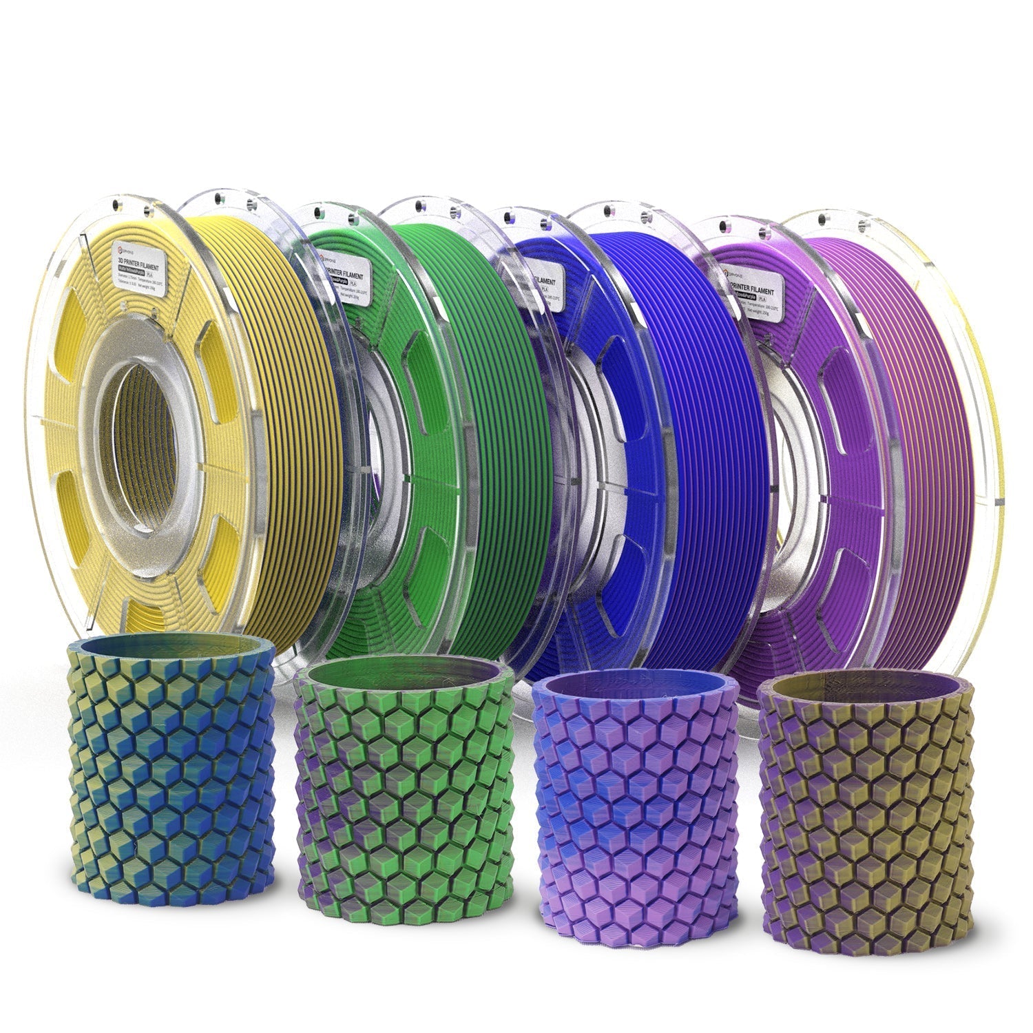 Pre-sale ERYONE 4 ROLLEN/250 g (insgesamt 1 kg/2,2 lbs) 1,75 mm mattes zweifarbiges PLA-Filament, Genauigkeit +/- 0,03 mm (Gelb & Lila; Blau & Gelb; Bule & Lila; Grün & Lila)-MOQ:20 Rolls