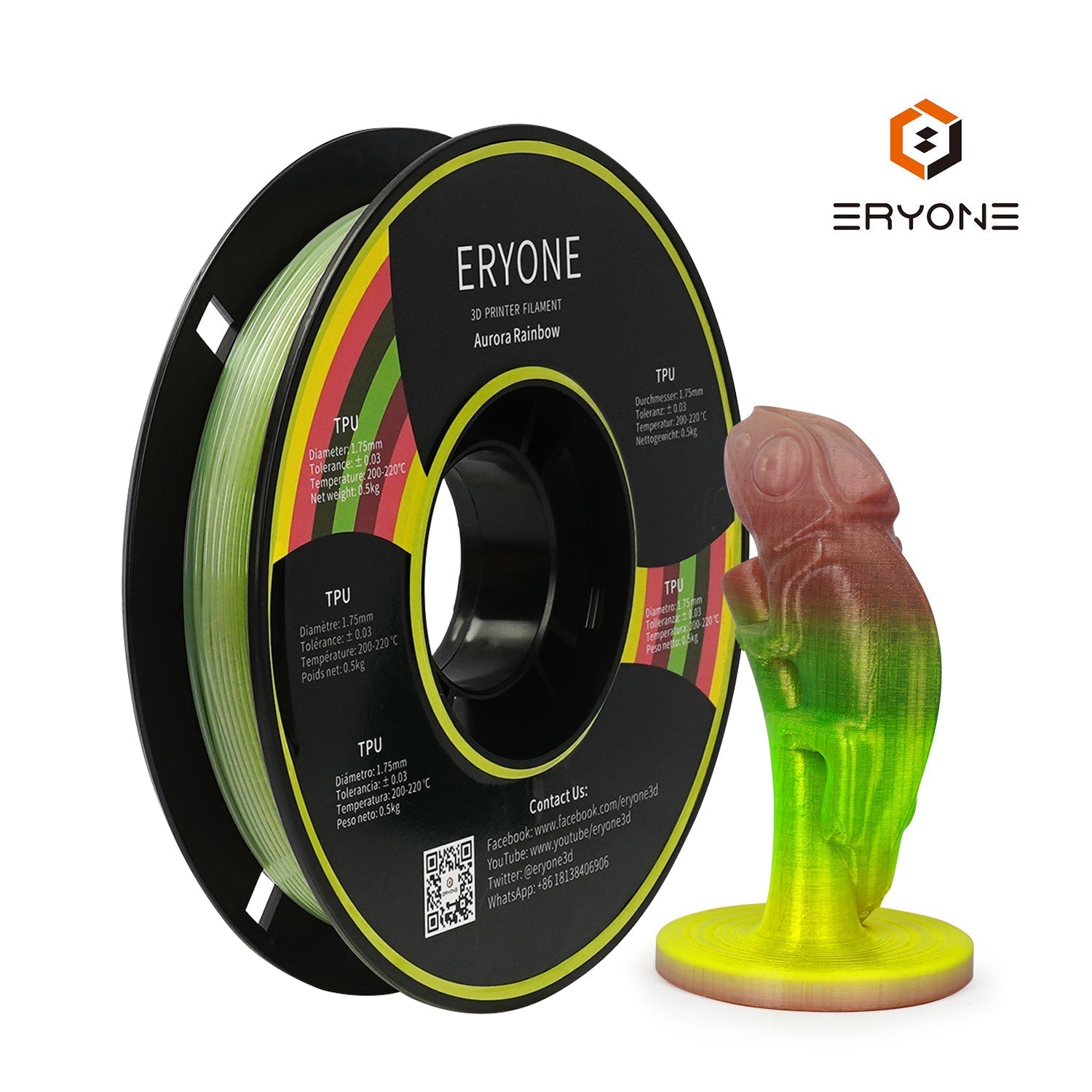 Filament pour imprimante 3D ERYONE 1.75mm Rainbow TPU, précision dimensionnelle +/- 0.05 mm, 0.5kg (1.1 LB) / Bobine