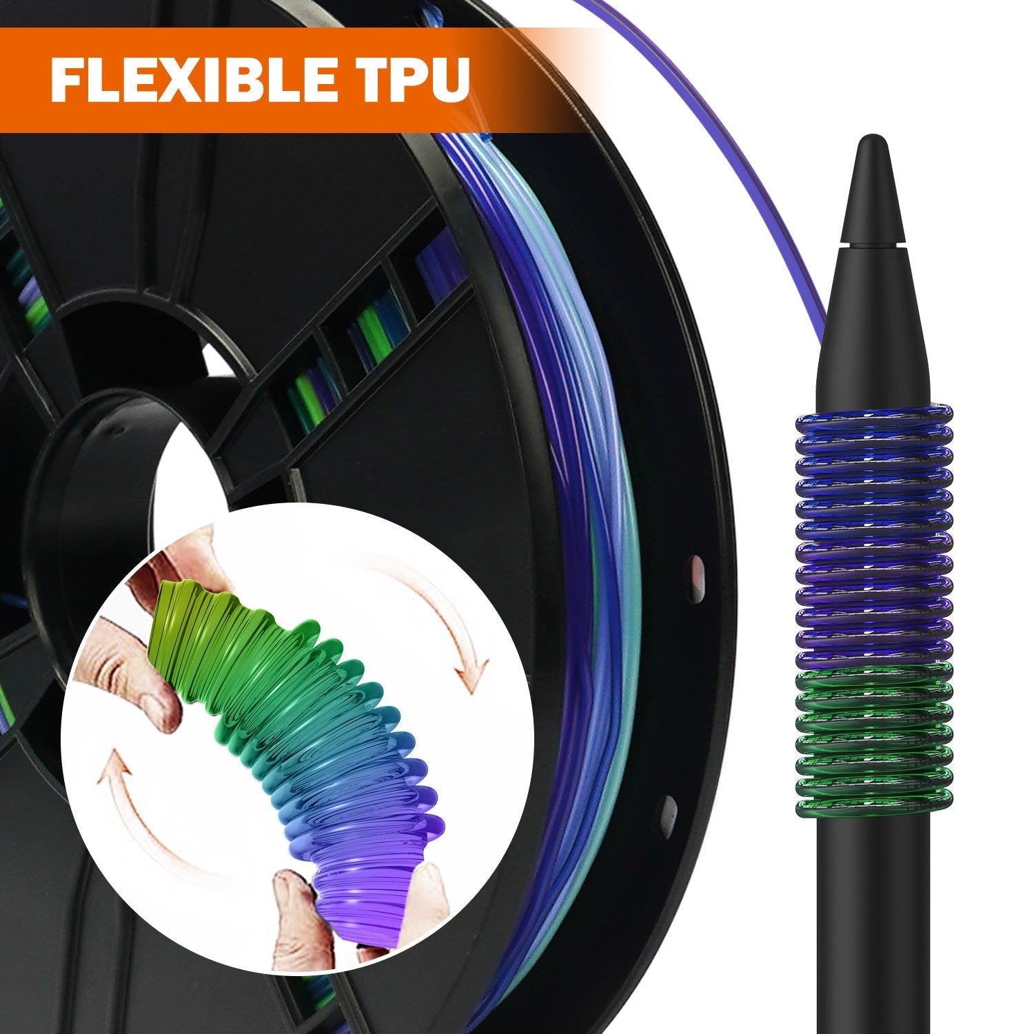 Filament pour imprimante 3D ERYONE 1.75mm Rainbow TPU, précision dimensionnelle +/- 0.05 mm, 0.5kg (1.1 LB) / Bobine
